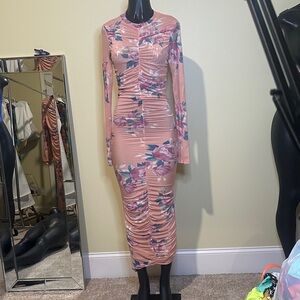 Floral Long Sleeve Ruched Dress